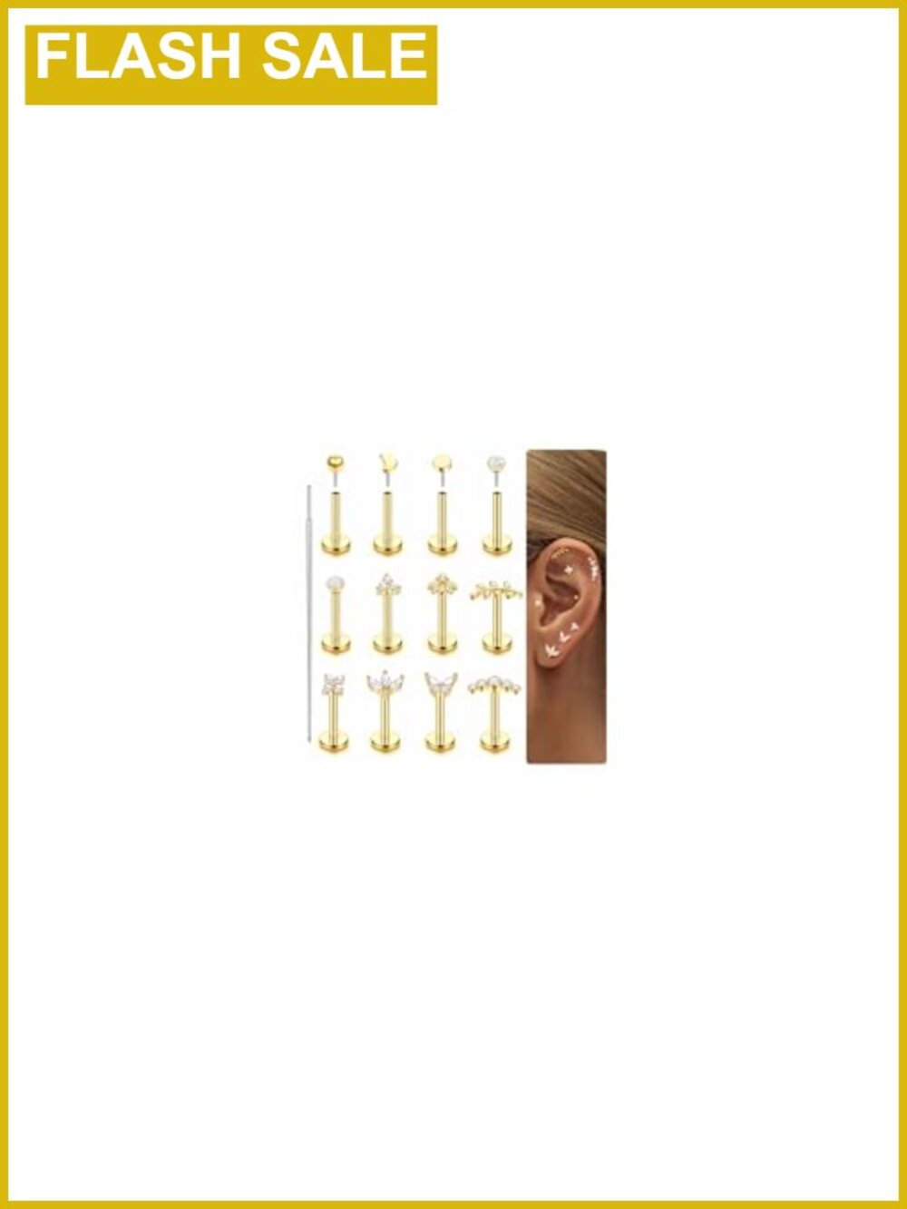 14K Gold Plated Threadless Flat Back Earrings 316L Surgical Steel